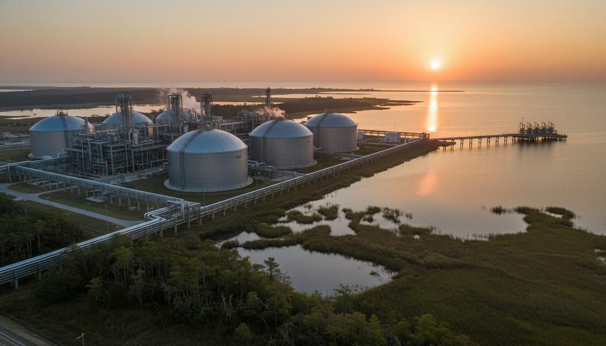 Argent LNG подала ключевые отчеты для СПГ-терминала на 25 млн т в Луизиане Промышленный комплекс СПГ-терминала на побережье: большие резервуары для хранения газа, трубопроводы и причал.
