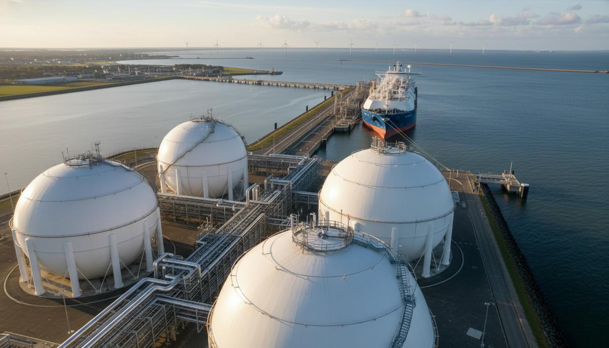 СПГ-терминал в порту Эмсхафен: большие резервуары для хранения газа и пришвартованный у причала танкер-газовоз.