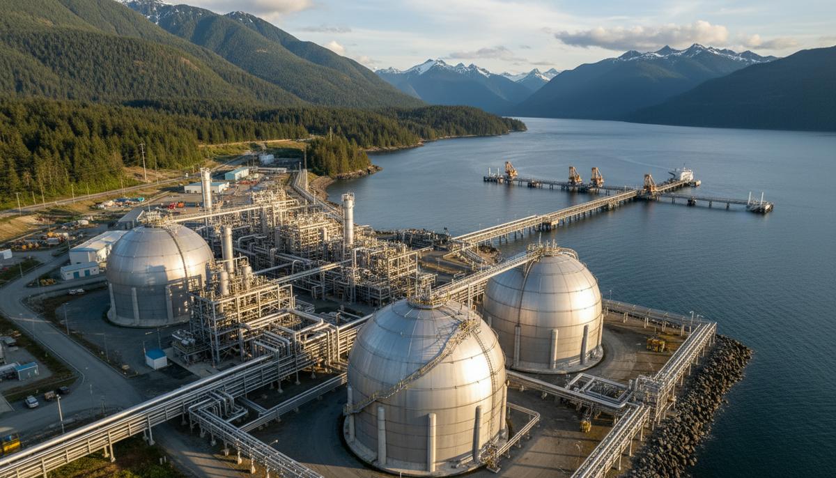 Канадский СПГ-проект LNG Canada приблизился к строительству второй очереди Крупный завод по производству СПГ на побережье Канады с огромными резервуарами для хранения, технологическими установками и морским терминалом на фоне гор и леса.