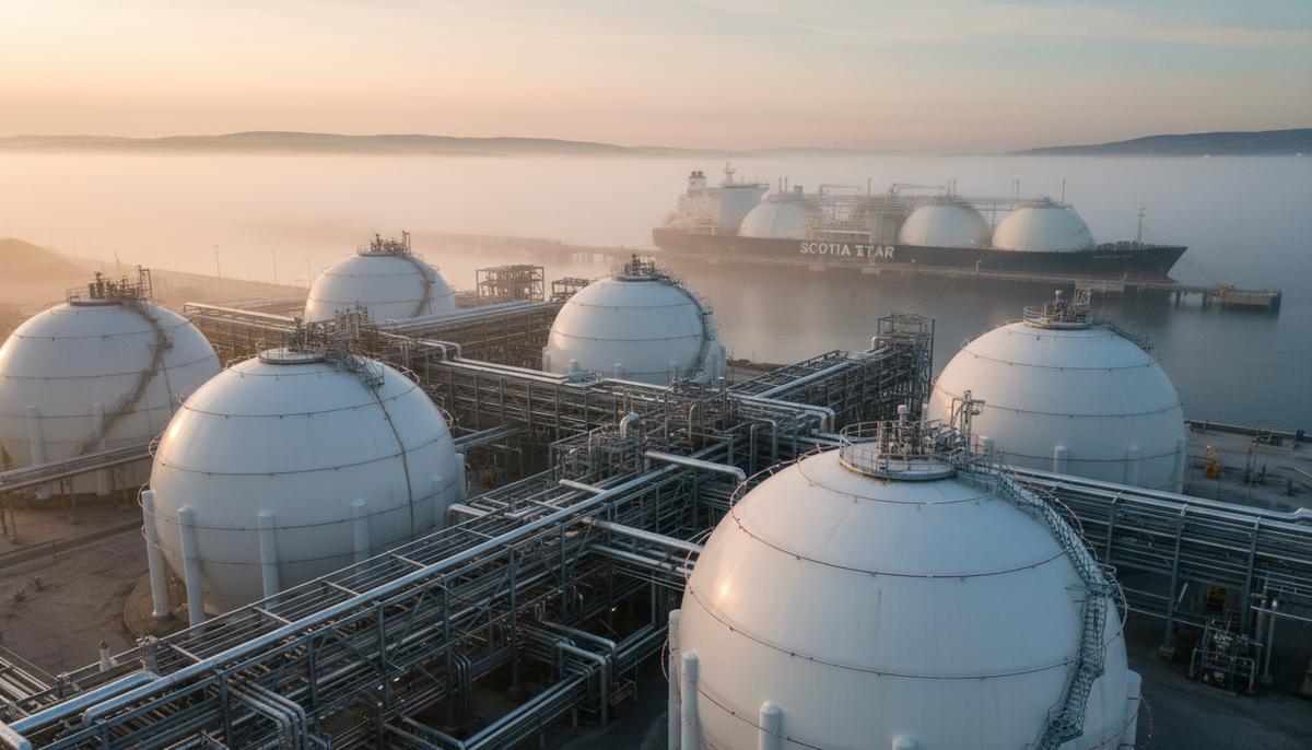 Резервуары для сжиженного природного газа (СПГ) на портовом терминале на фоне рассветного неба.