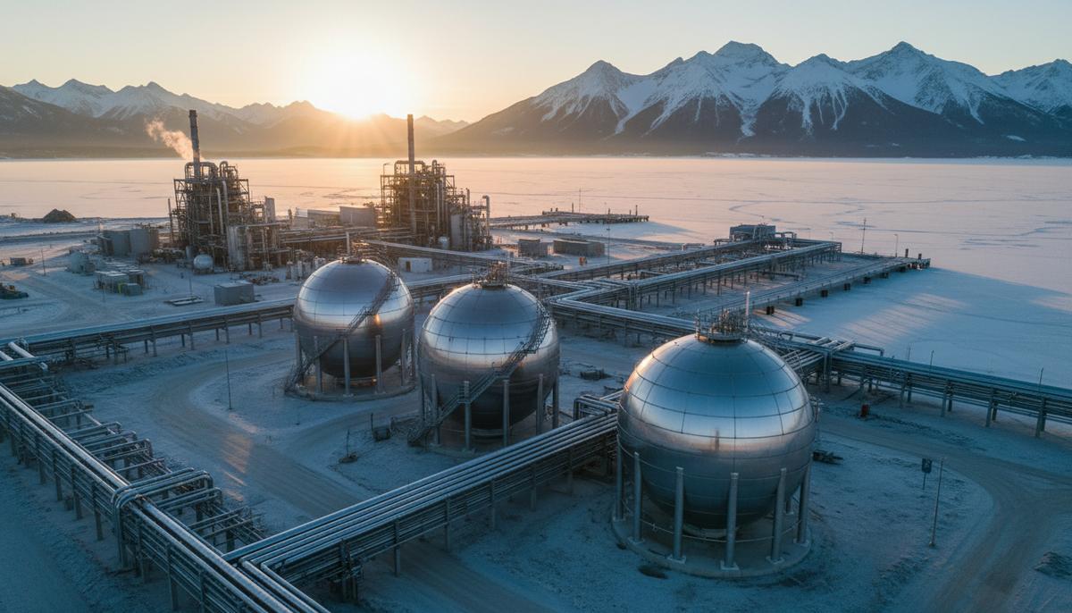 Современный завод по сжижению природного газа с резервуарами для хранения и трубопроводами на фоне заснеженных гор.