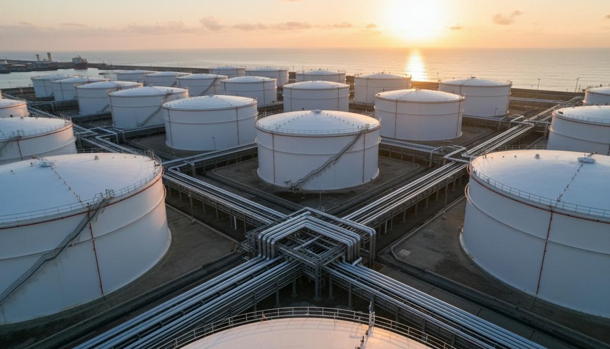 Современный нефтяной терминал в порту на рассвете. Большие белые цилиндрические резервуары для хранения нефтепродуктов, соединенные сетью трубопроводов.