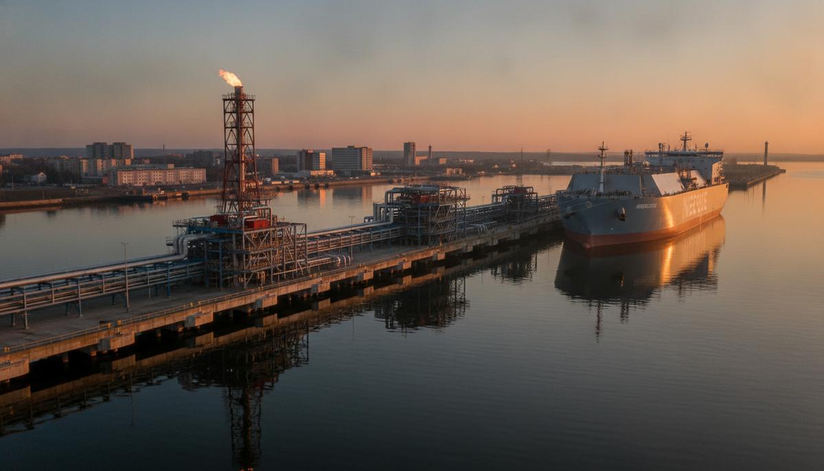 «Нафтогаз» впервые зарезервировал мощности СПГ-терминала в Литве до 2044 года Плавучий СПГ-терминал в порту Клайпеды, Литва. Крупное судно-хранилище пришвартовано у пирса на фоне промышленных объектов на рассвете.
