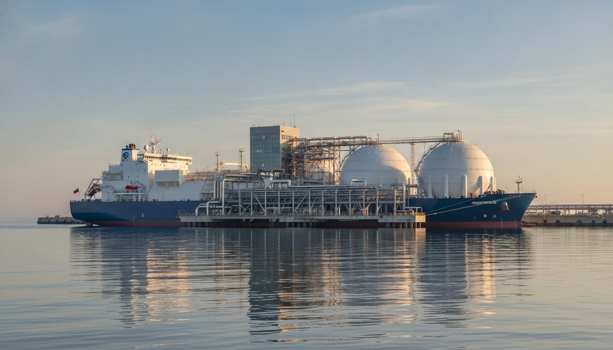 Gasum обеспечила поставки СПГ через терминал в Клайпеде до 2040 года Крупный танкер-газовоз СПГ пришвартован у современного газового терминала в порту. На фоне видны сферические резервуары для хранения газа и трубопроводы.