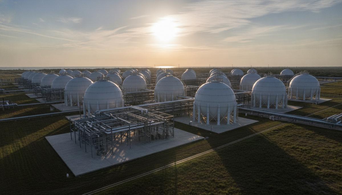 В Техасе спроектируют новый хаб для хранения природного газа Современный комплекс для хранения природного газа с большими сферическими резервуарами и трубопроводами на побережье на рассвете.