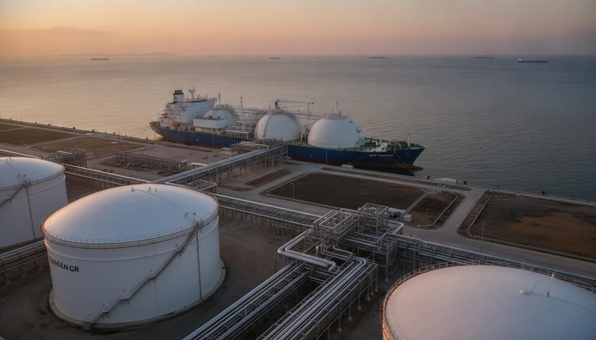 Крупный терминал по приему сжиженного природного газа в морском порту. Криогенные резервуары, трубопроводы и газовоз у причала.
