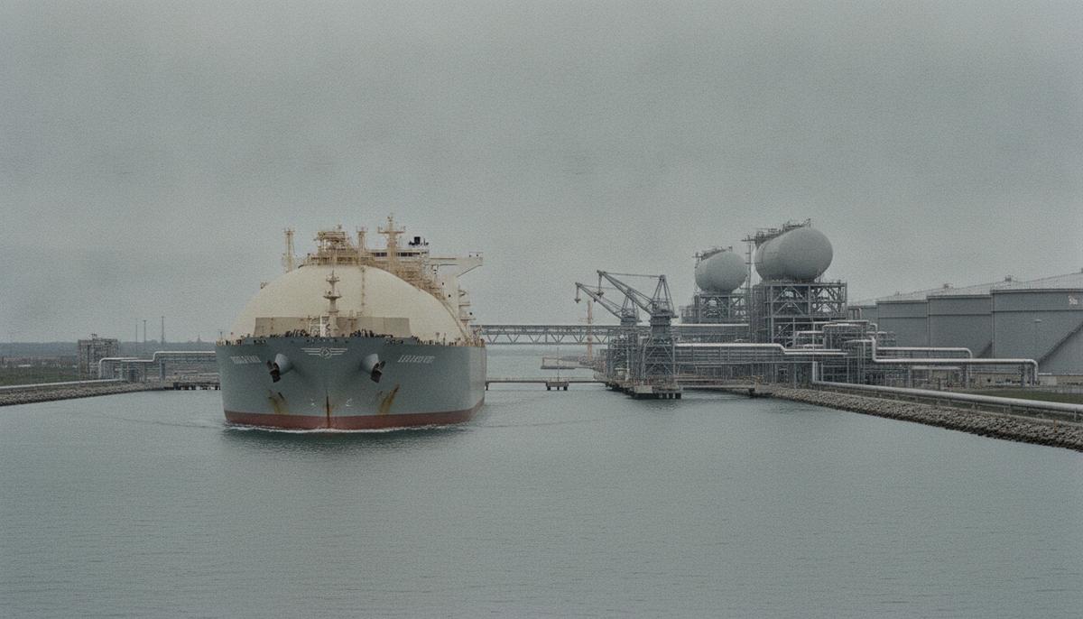 Крупный танкер-газовоз для перевозки СПГ подплывает к современному прибрежному терминалу с резервуарами для хранения.