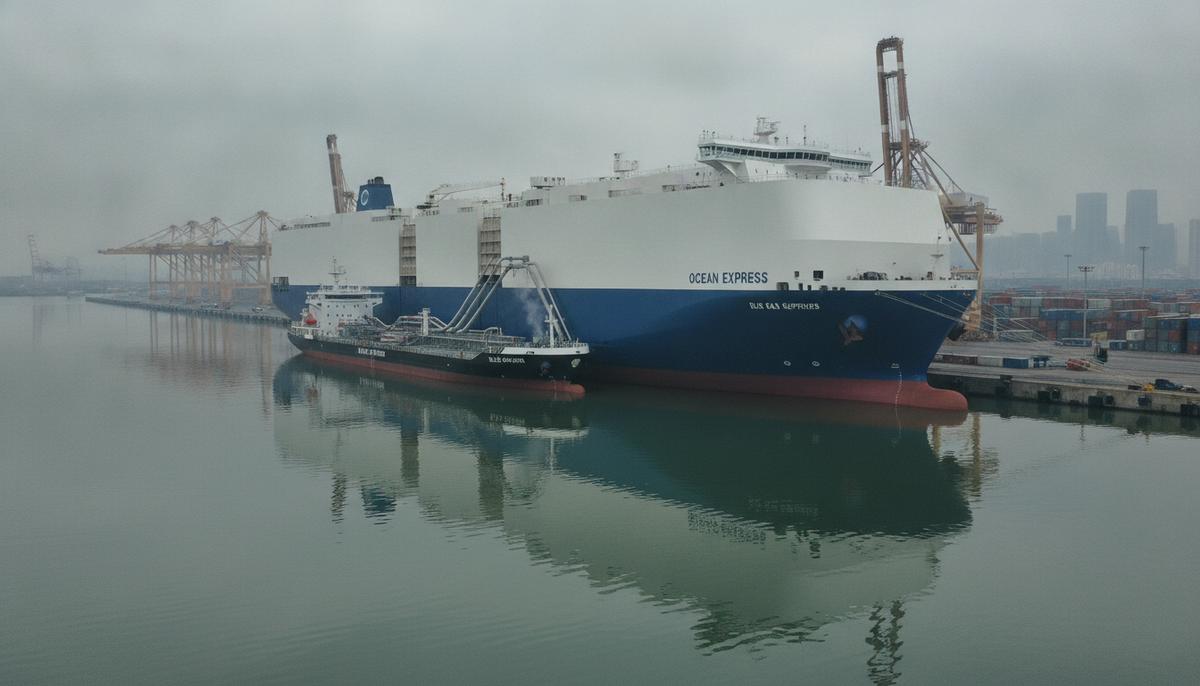 Dan-Bunkering провела сложную бункеровку СПГ-судна нового поколения в Китае Большой новый автомобилевоз и судно-бункеровщик СПГ, соединенные шлангами, во время заправки в индустриальном порту.