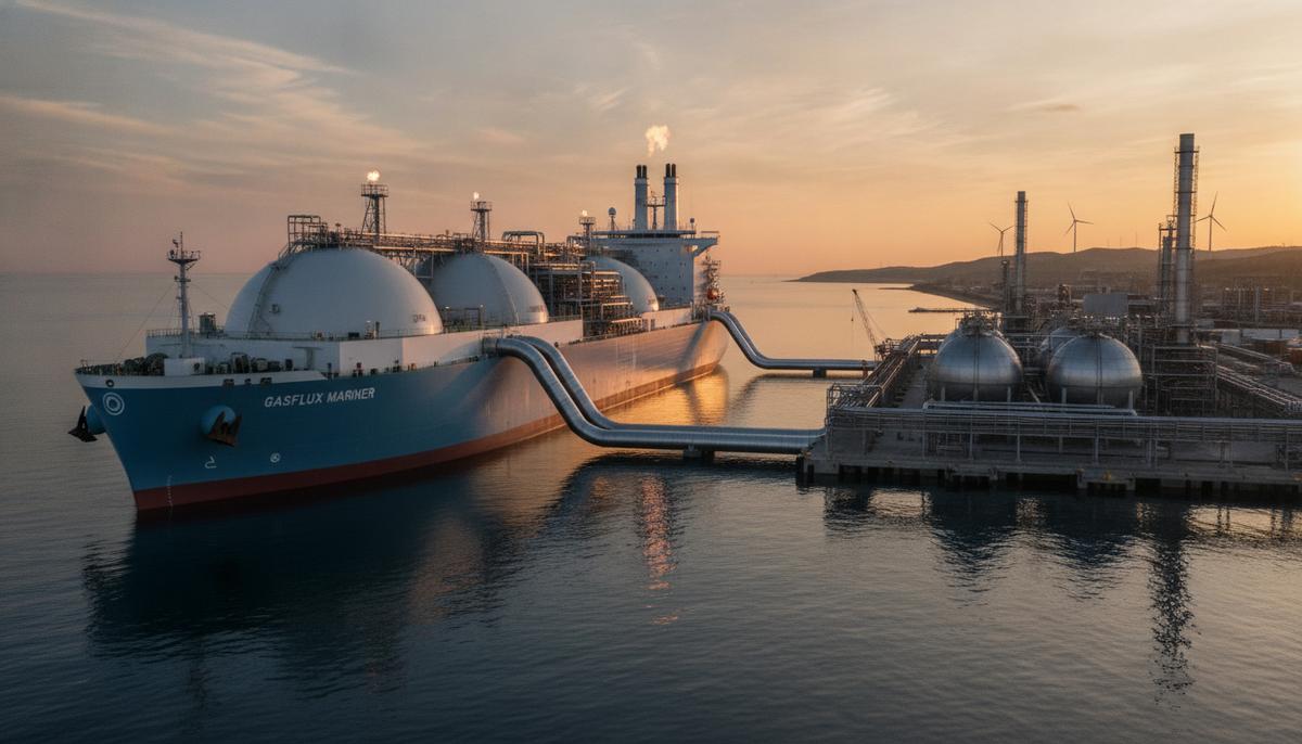 Плавучая регазификационная установка СПГ на якоре у побережья рядом с промышленным газовым терминалом на рассвете.