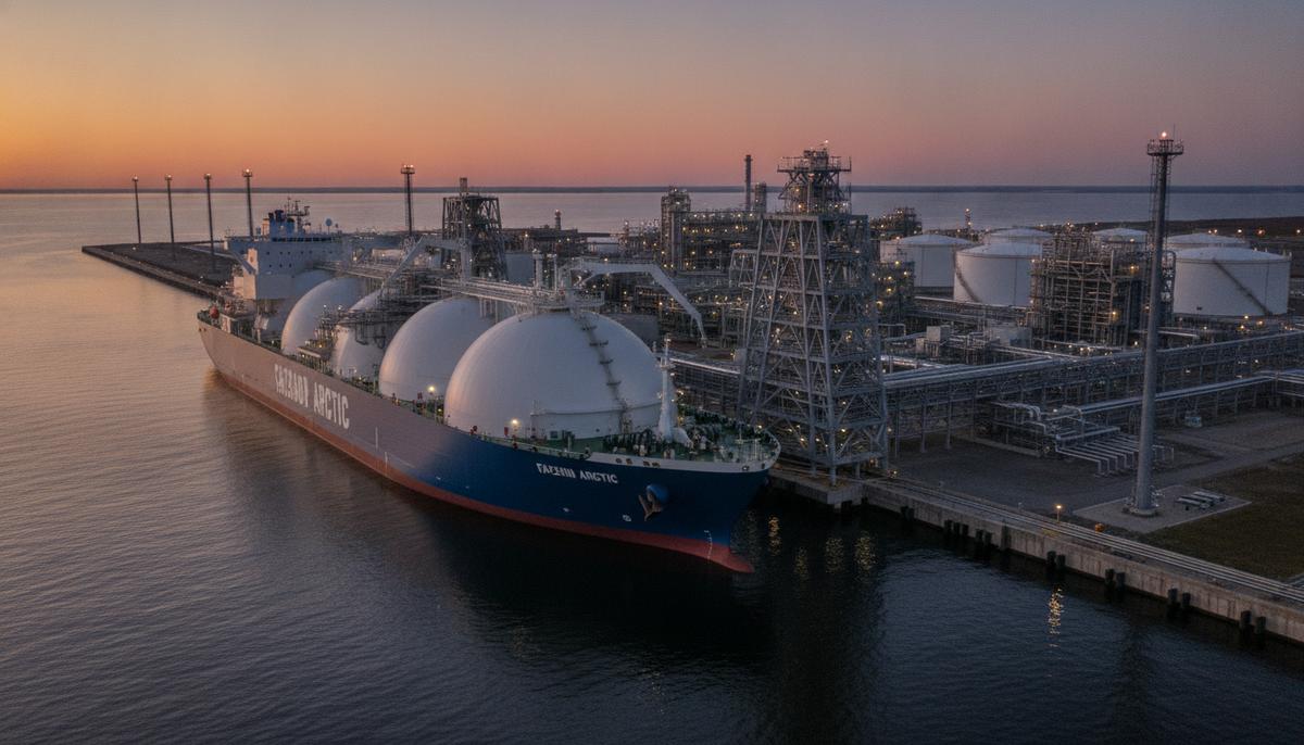 Огромный танкер-газовоз для перевозки СПГ, пришвартованный у современного прибрежного терминала с погрузочными рукавами.