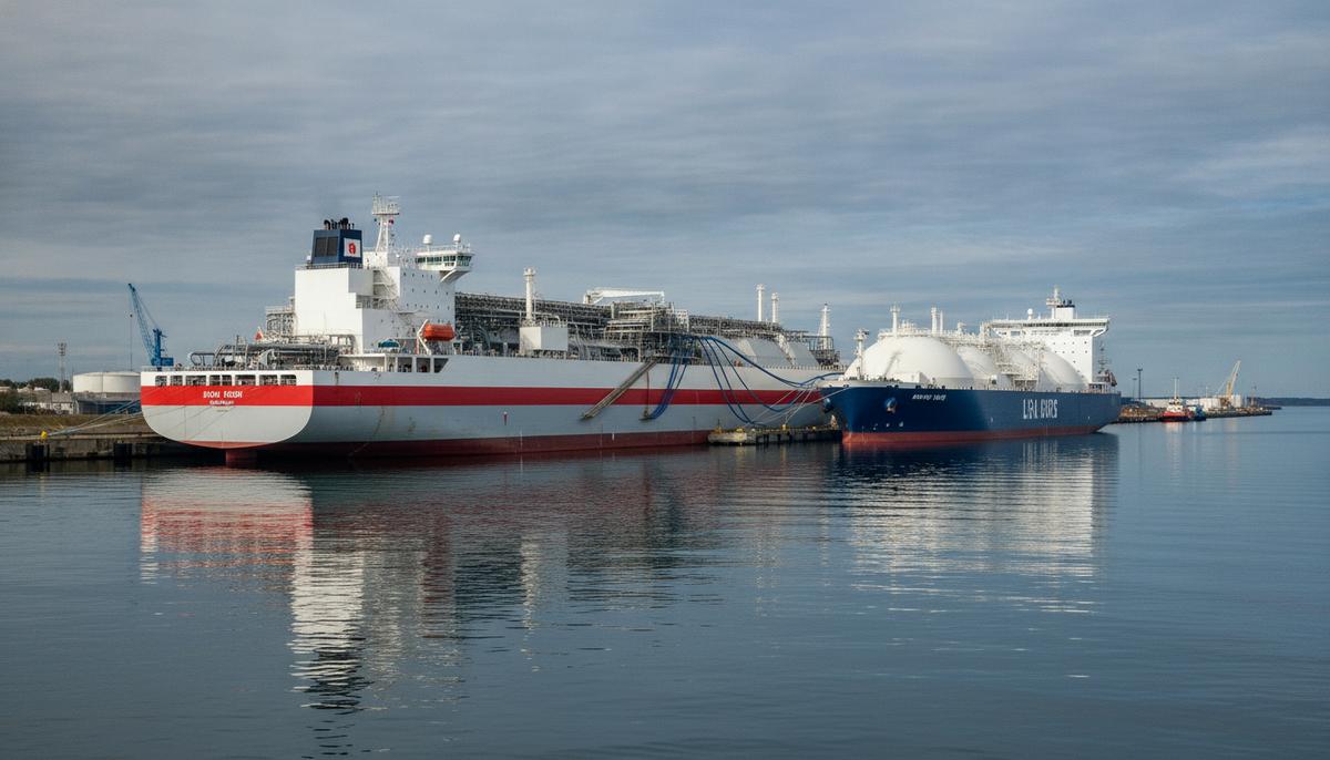 Плавучий СПГ-терминал (FSRU) и газовоз, пришвартованные друг к другу в водах Гданьского залива на фоне промышленного порта.
