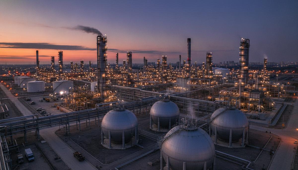 Промышленный пейзаж с нефтеперерабатывающим заводом, крупными резервуарами для хранения нефти и сложной системой трубопроводов в сумерках.