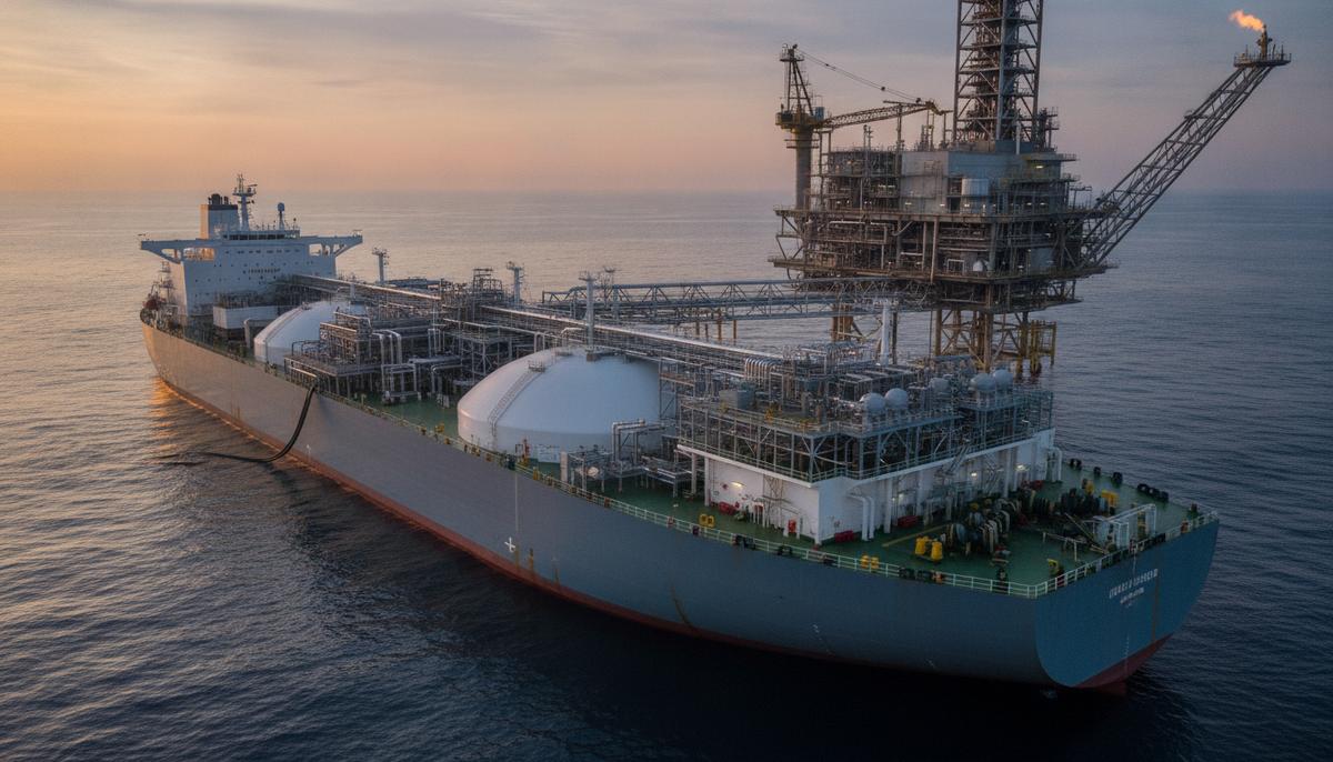 Газовоз LNG Bayelsa переоборудуют в плавучее хранилище СПГ для Габона Плавучее хранилище СПГ, переоборудованное из танкера-газовоза, стоит на якоре в море рядом с морской газовой платформой.