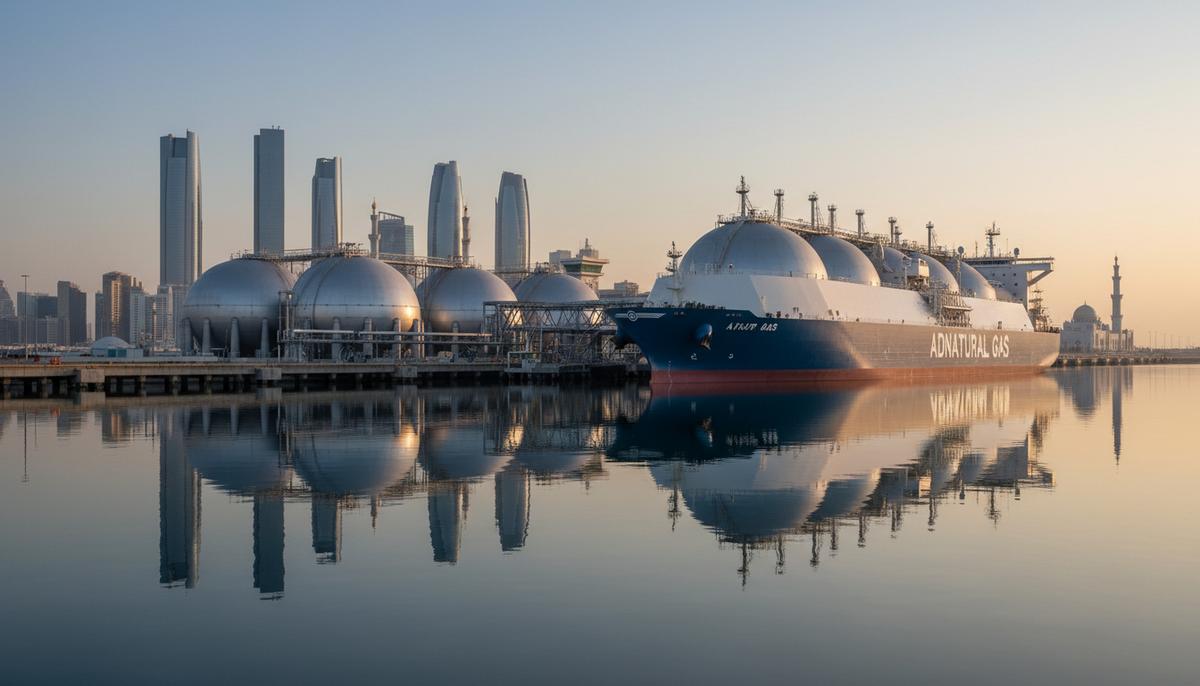ADNOC создает в Абу-Даби единую платформу для маркетинга и торговли СПГ Танкер-газовоз для СПГ у причала современного терминала со сферическими резервуарами на фоне панорамы Абу-Даби.