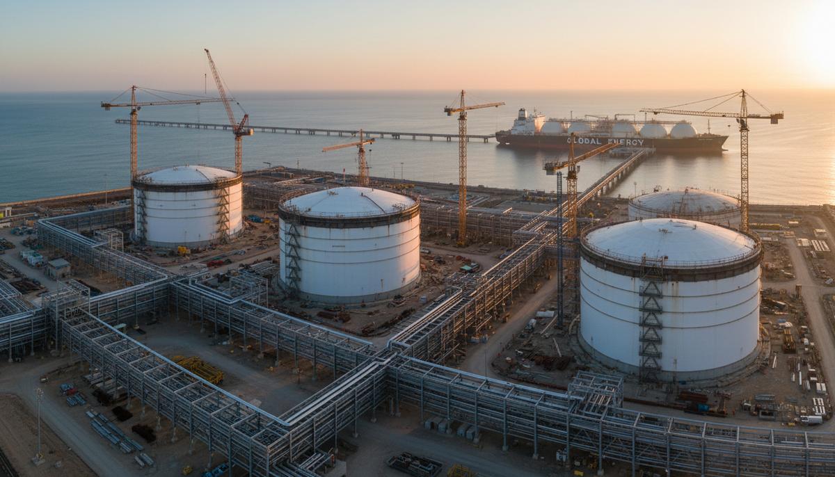 В США дан старт предварительным работам на СПГ-терминале Texas LNG Промышленный пейзаж СПГ-терминала на побережье: криогенные резервуары, трубопроводы и газовоз у причала на рассвете.