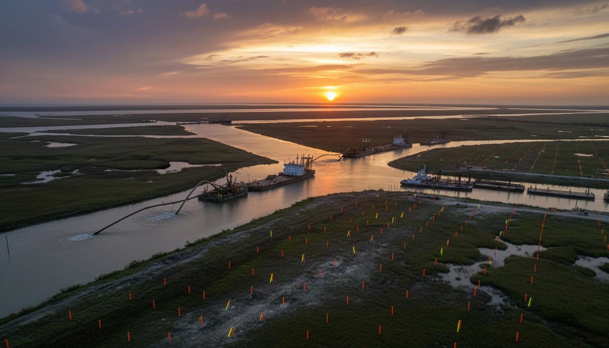 Argent LNG заключила контракт на проектирование терминала СПГ в Луизиане Прибрежная зона порта Фуршон в Луизиане на рассвете, где ведется подготовка площадки для строительства СПГ-терминала.