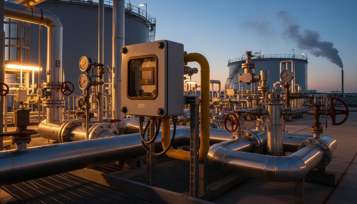 Новые анализаторы упростят контроль качества СПГ и биогаза в опасных зонах Взрывозащищенный газовый анализатор среди промышленных трубопроводов и вентилей на заводе по производству сжиженного природного газа.