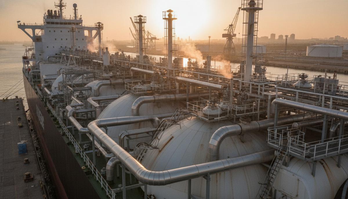 Датская Svanehoj купила нидерландского производителя оборудования для газовозов Палуба газовоза СПГ с комплексом технологических труб, клапанов и измерительных датчиков в порту на закате.