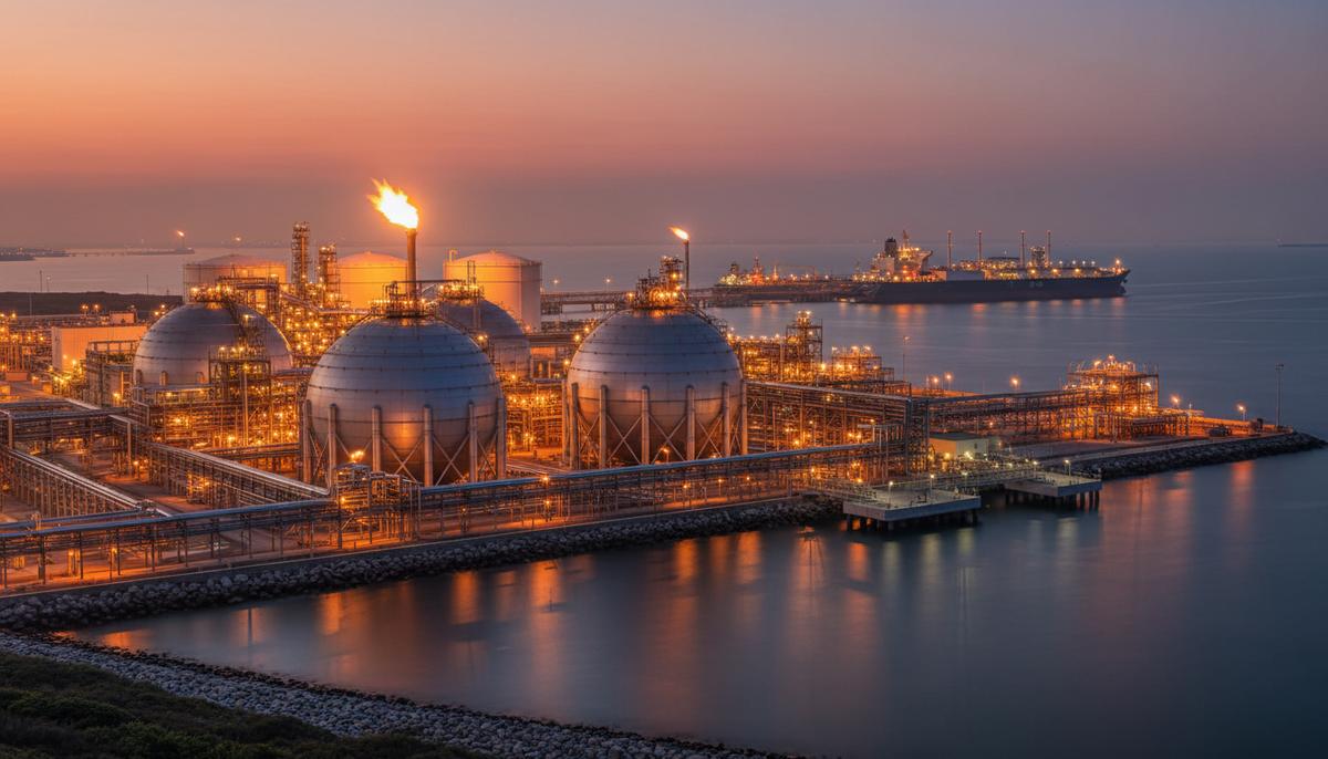 Cheniere и Baker Hughes расширят один из крупнейших СПГ-заводов в США Промышленный пейзаж с крупным заводом по сжижению природного газа, огромными сферическими резервуарами для хранения СПГ и сетью трубопроводов на побережье в сумерках.