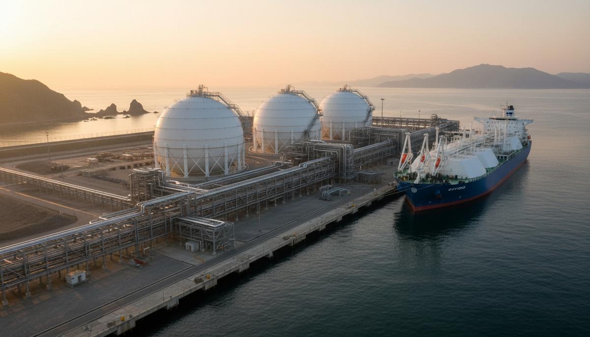 Проект Texas LNG получил $500 млн на подготовку к строительству Крупный завод по сжижению природного газа с резервуарами для хранения и танкером-газовозом у причала на рассвете.