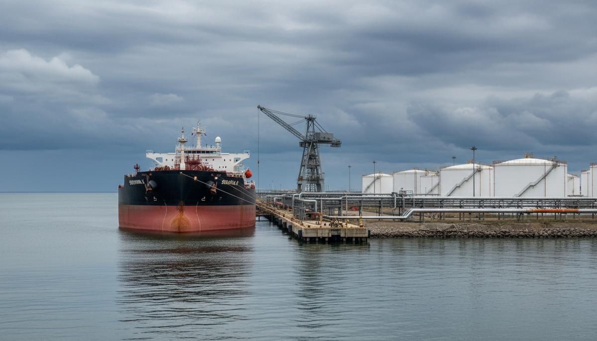 Нефтяной танкер у причала в промышленном порту Гданьска. На берегу расположены большие резервуары для хранения нефти и трубопроводы.