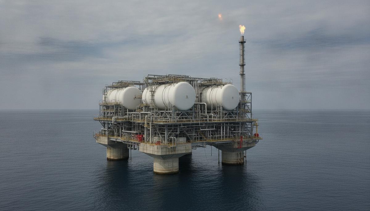 Оффшорный регазификационный СПГ-терминал Adriatic LNG в Адриатическом море. Вид на промышленные сооружения и резервуары.