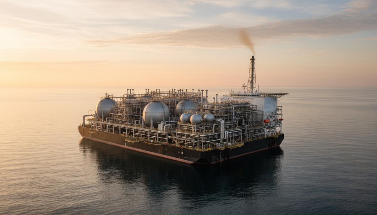 Огромное судно-завод по сжижению природного газа (FLNG) со сложной системой труб и резервуарами в Мексиканском заливе на рассвете.