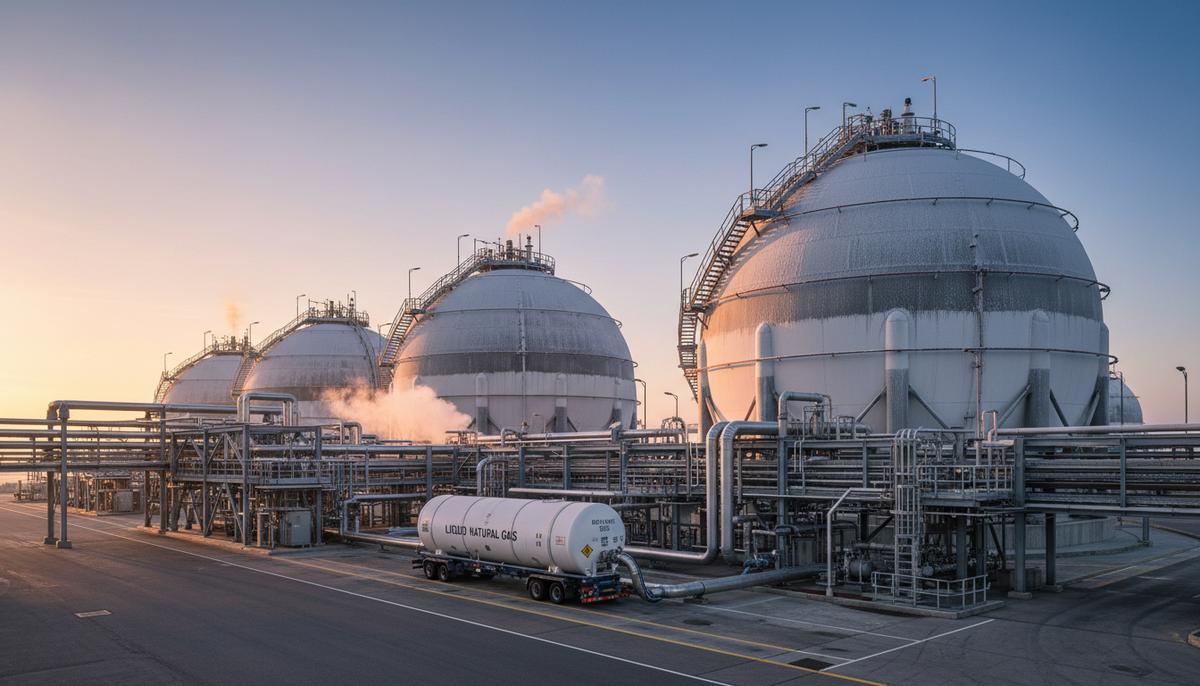 Uniper и Q1 Energie запустят поставки био-СПГ для грузового транспорта в ФРГ Промышленный пейзаж СПГ-терминала: гигантские резервуары для хранения сжиженного газа и ISO-контейнер на фоне трубопроводов.