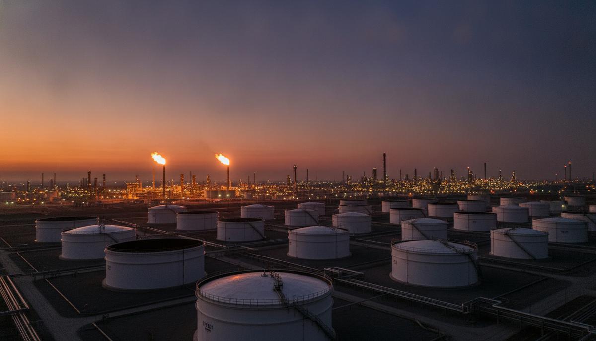 Огромные белые цилиндрические резервуары для хранения нефти на фоне промышленного комплекса нефтеперерабатывающего завода в сумерках.
