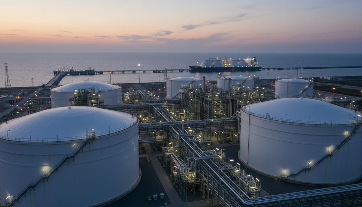 СПГ-терминал Tilbury на побережье: большие белые резервуары для хранения газа, сеть трубопроводов и грузовое судно на воде.