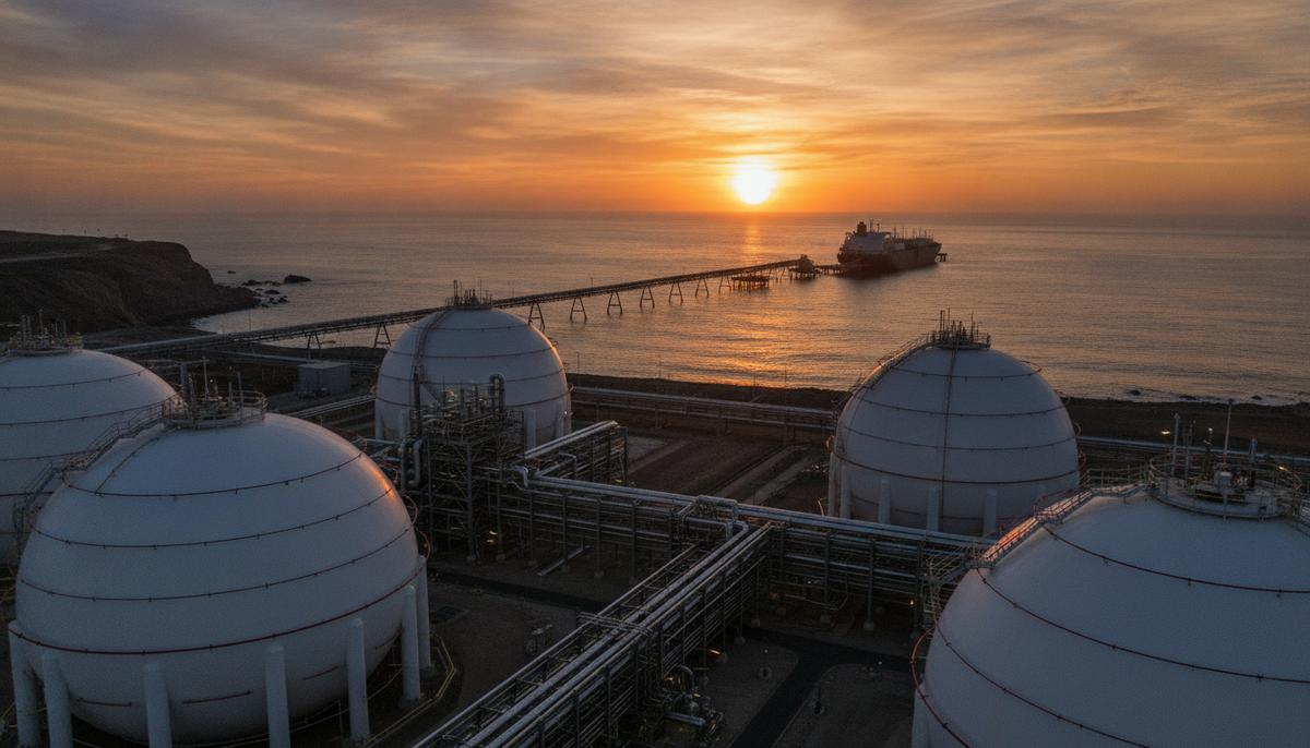 СПГ-терминал Energia Costa Azul на побережье Тихого океана. Крупные резервуары для хранения газа и танкер-газовоз у причала на закате.