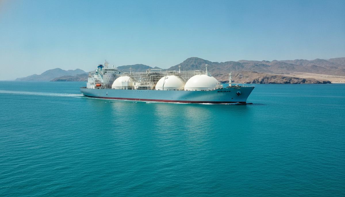 Современный газовоз для перевозки СПГ в море на фоне скалистого побережья Омана.
