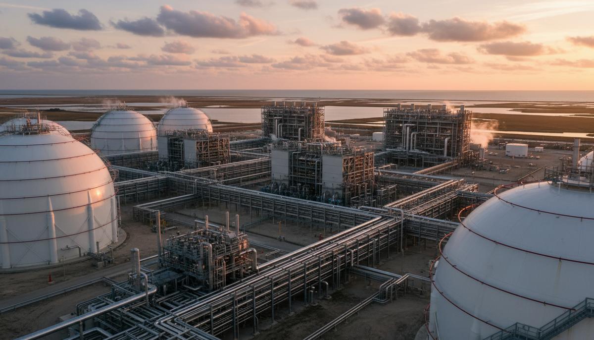 Крупный завод по сжижению природного газа (СПГ) на побережье: промышленные установки, сферические резервуары и трубопроводы.