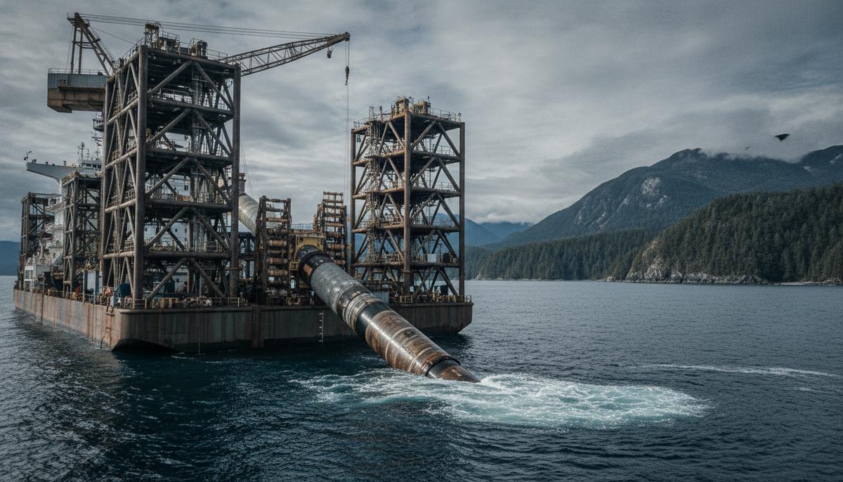 Большое судно-трубоукладчик в море укладывает подводный газопровод на фоне скалистого, покрытого лесом побережья Канады.