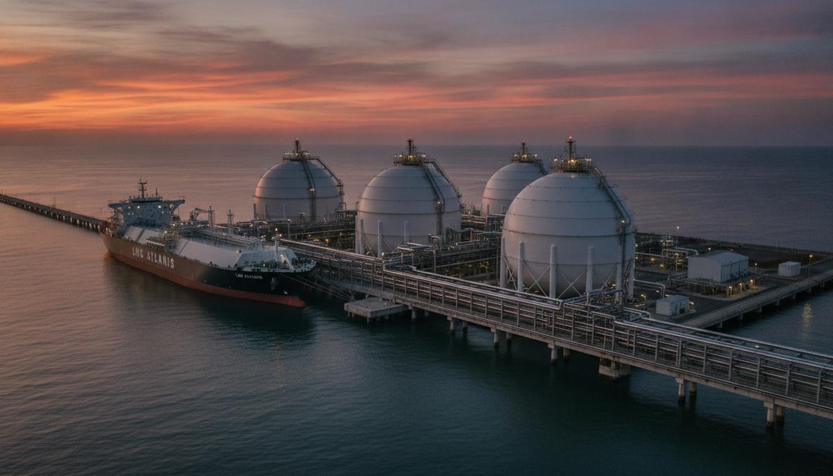 L&T получила крупный контракт на нефтяную инфраструктуру в Кувейте Современный терминал СПГ на побережье на закате. Огромные сферические резервуары для хранения газа, сеть трубопроводов и пришвартованный танкер-газовоз у причала.