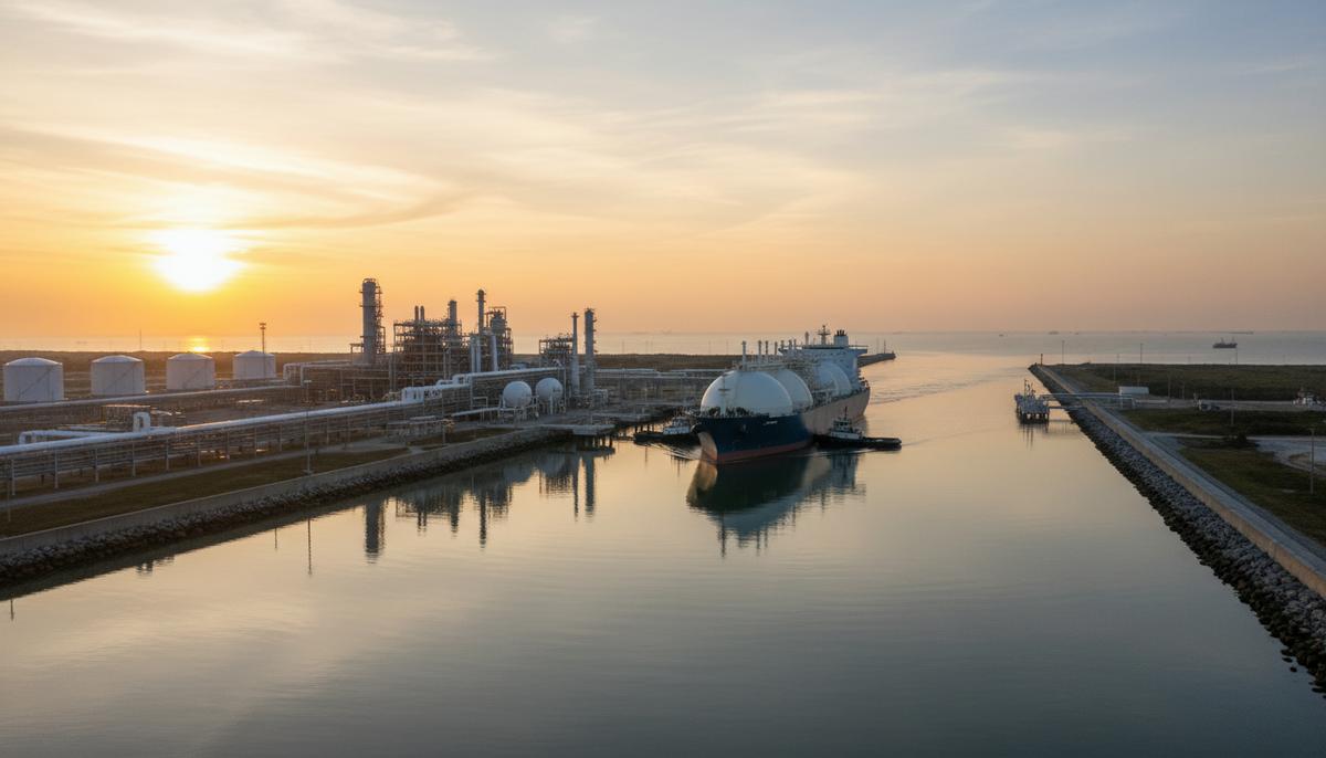 Argent LNG согласовывает маршруты для СПГ-танкеров в Луизиане Крупный танкер для перевозки СПГ отходит от причала современного экспортного терминала на рассвете.