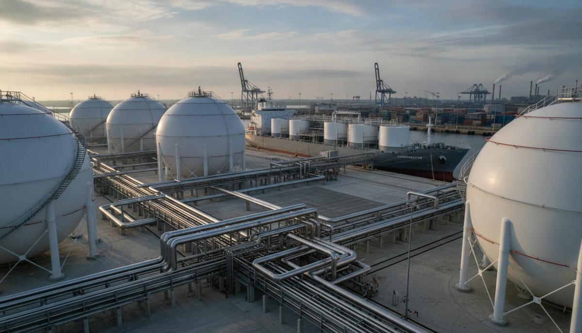 Современный терминал для экспорта CO2 в промышленном порту. Большие резервуары, система трубопроводов и грузовое судно у причала на фоне портового пейзажа с кранами.