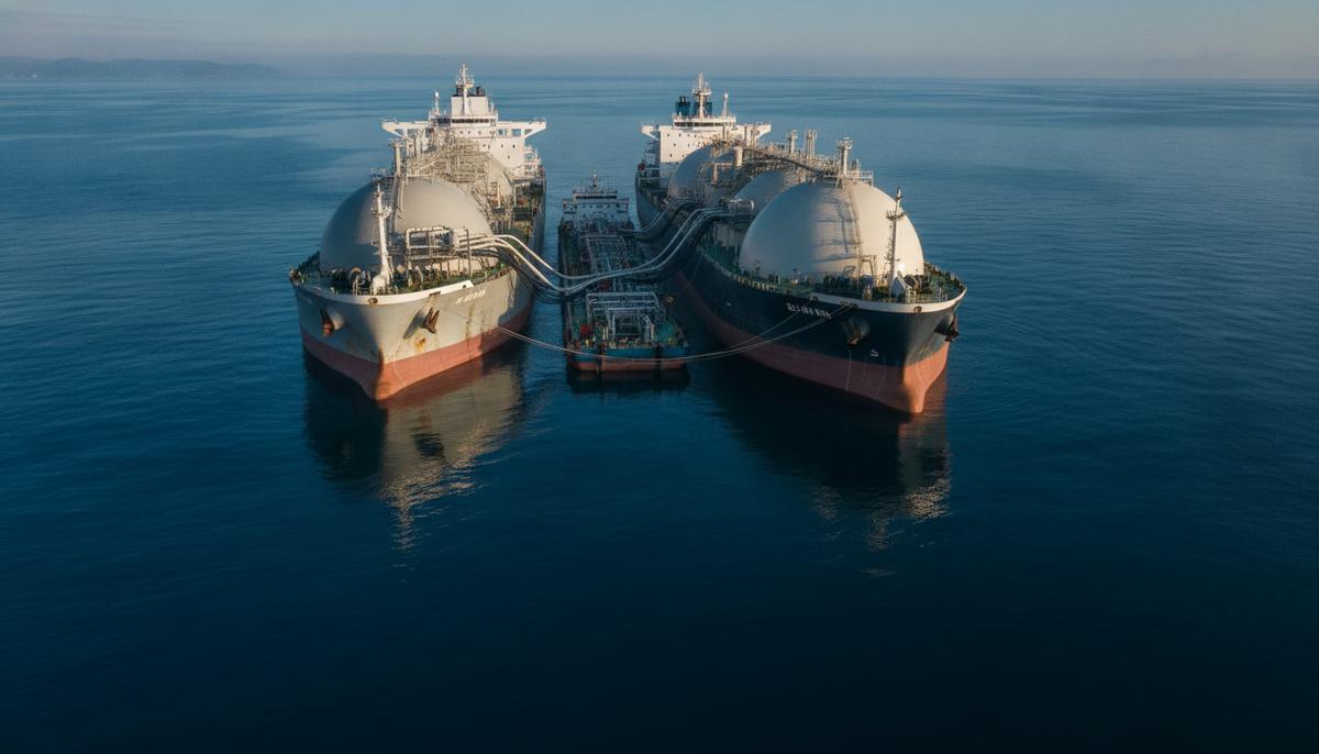 Крупный танкер-газовоз СПГ и малое бункеровочное судно, пришвартованное к нему в море для перегрузки топлива.