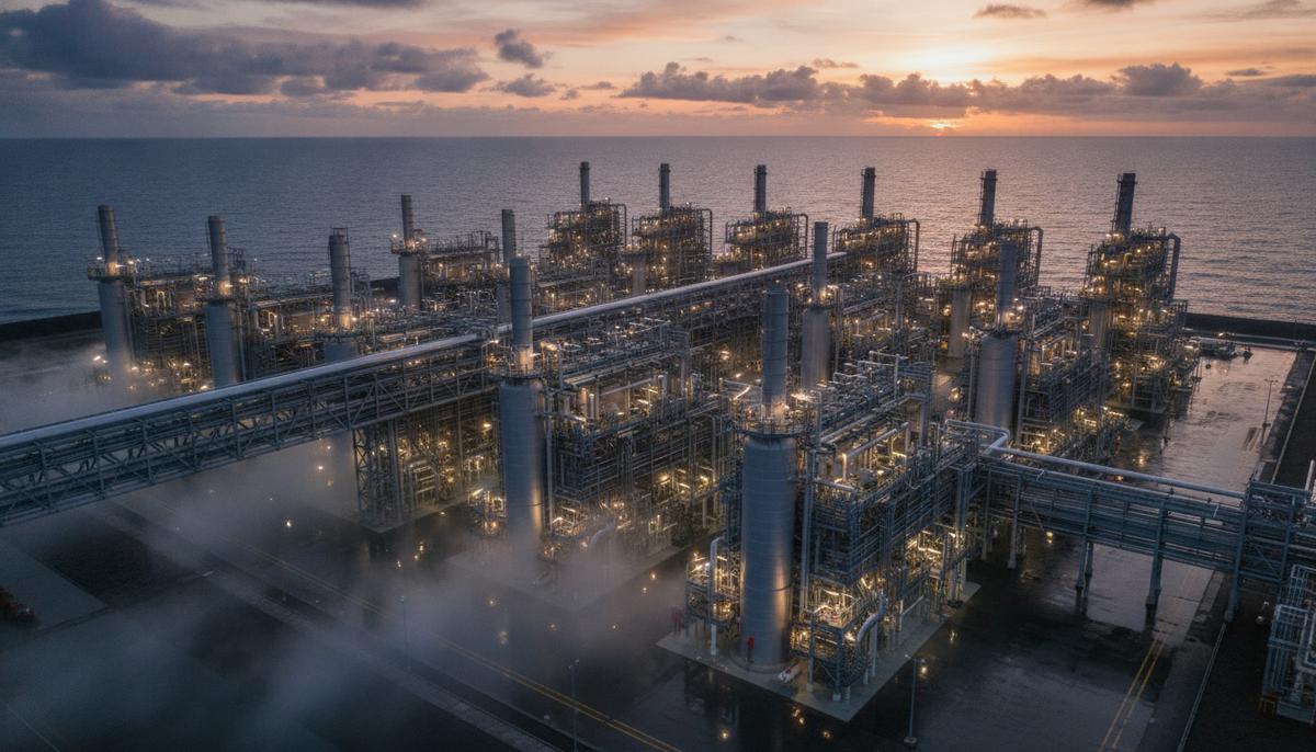 ExxonMobil выбрала McDermott для этапа СПГ-проекта Rovuma в Мозамбике Огромный завод по сжижению природного газа на побережье океана на рассвете. Промышленные модули соединены сетью трубопроводов.