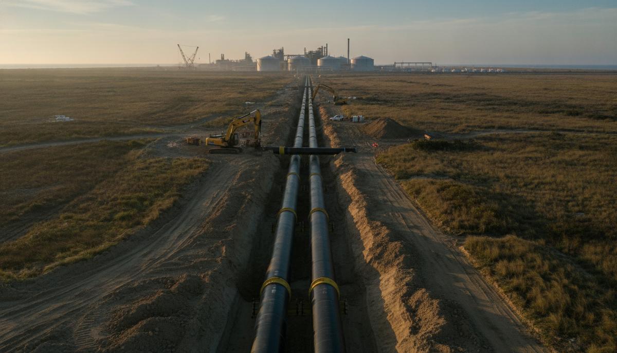 Enbridge получила опцион на покупку ключевого газопровода для СПГ-экспорта в США Строительство нового магистрального газопровода на побережье. Большая труба уложена в траншею на фоне СПГ-терминала вдалеке.