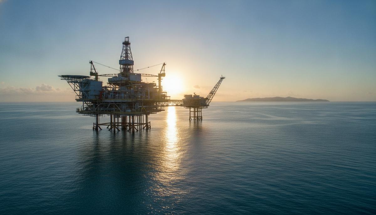Морская платформа для добычи природного газа в океане у побережья Тринидада и Тобаго на рассвете.