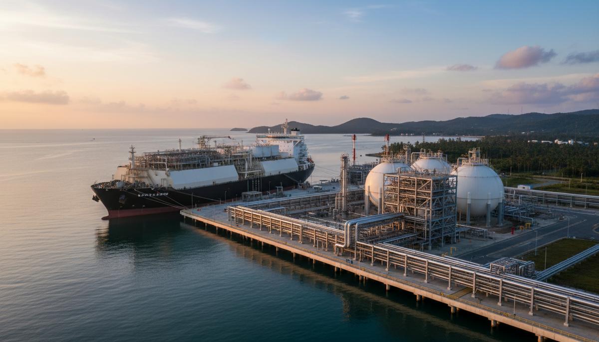KN Energies и Indel Petro будут совместно развивать СПГ-инфраструктуру во Вьетнаме Плавучая регазификационная установка СПГ пришвартована у терминала с резервуарами и трубопроводами на морском побережье.