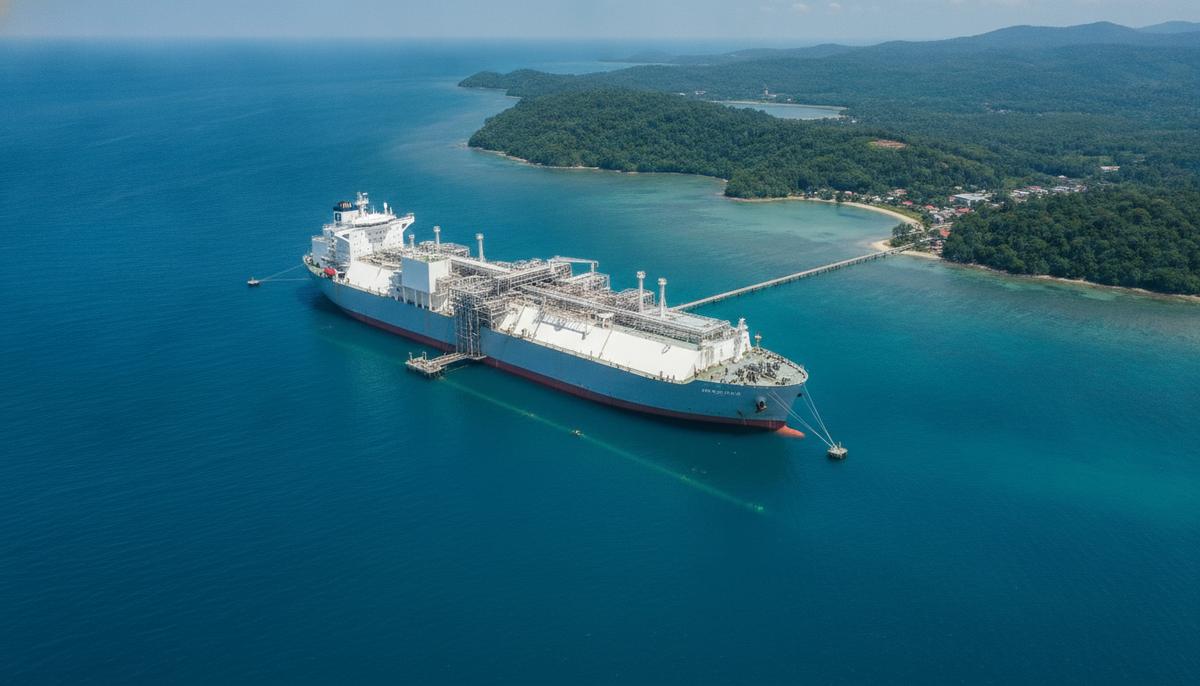 Плавучая регазификационная установка (FSRU) для СПГ в море у побережья Малайзии с подводным газопроводом.