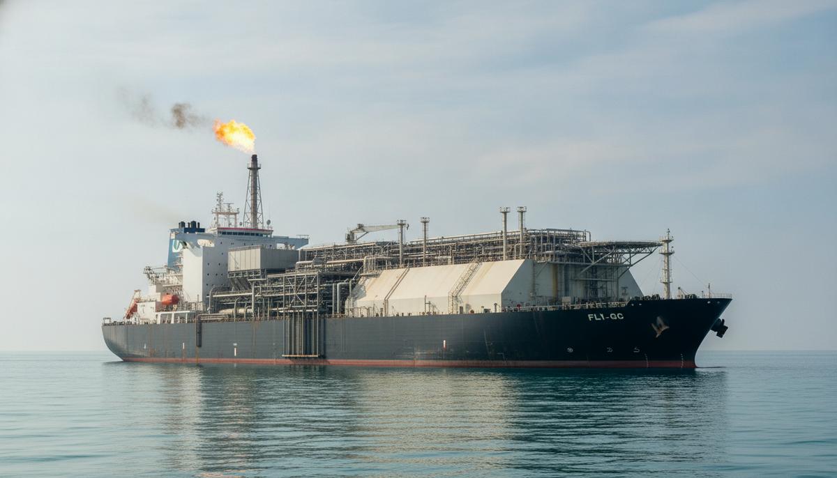 Seatrium и Golar LNG готовят проект третьего плавучего завода СПГ Огромный плавучий завод по сжижению природного газа (СПГ) в открытом море. На палубе видно сложное технологическое оборудование, трубы и резервуары.