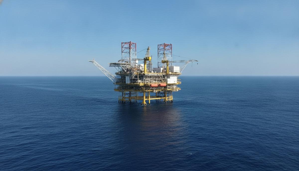 Морская платформа для добычи природного газа в открытом океане. Вид на промышленный объект и водную гладь.