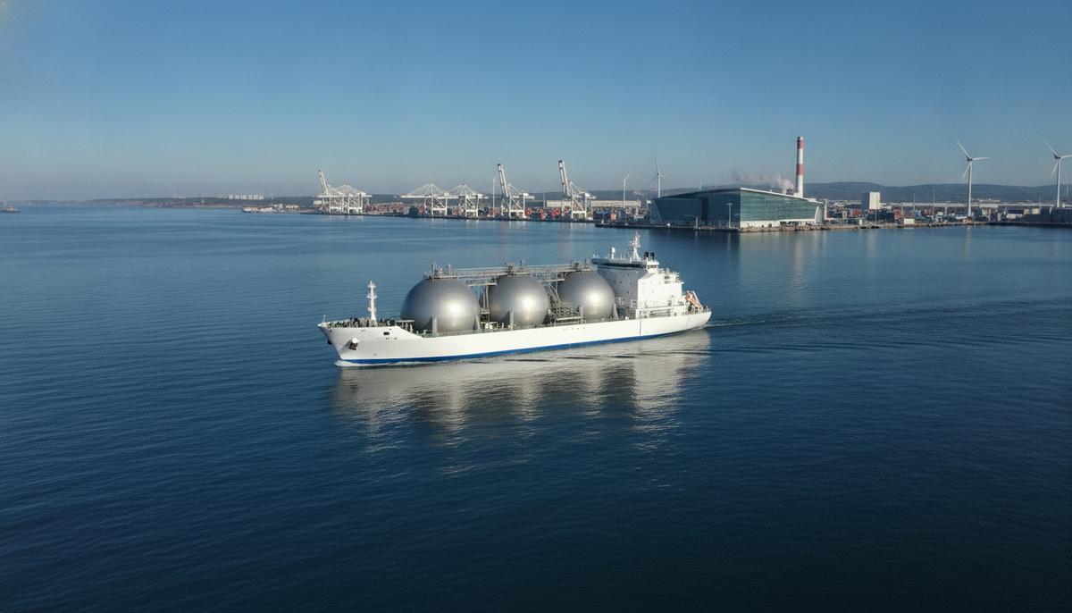 Еврокомиссия разрешила Stolt-Nielsen и NYK совместный контроль над Avenir LNG Современное судно-газовоз для перевозки СПГ в море на фоне промышленного побережья.