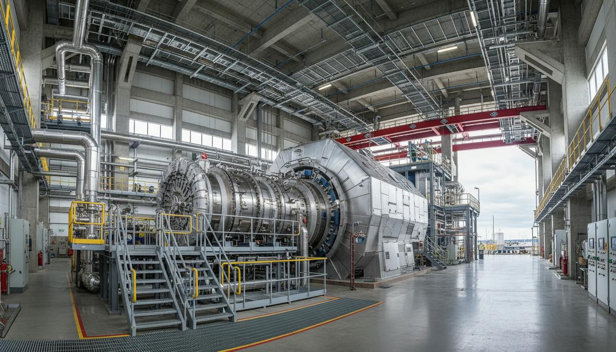 Современная газовая турбина и центробежный компрессор в цеху завода по производству сжиженного природного газа.