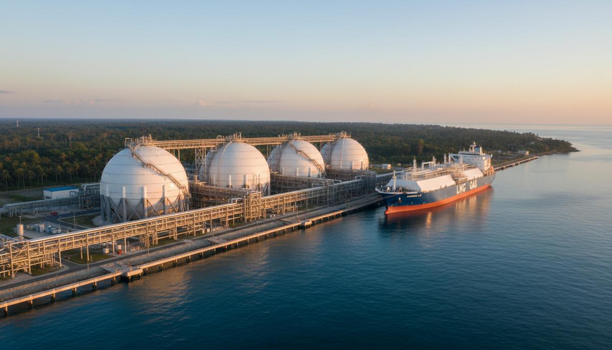 Shell расширяет СПГ-инфраструктуру на Филиппинах Современный СПГ-терминал с большими сферическими резервуарами на побережье. Рядом с причалом стоит газовоз.
