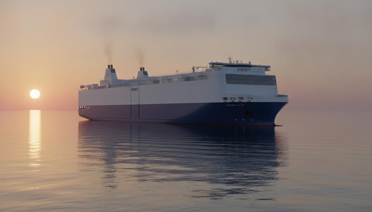 Огромный современный автомобилевоз класса Aurora в открытом море на рассвете. Судно с белым корпусом отражается в спокойной воде.
