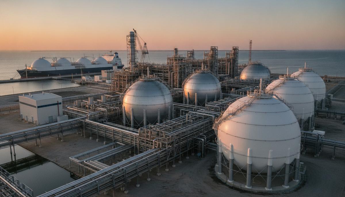 Крупный завод по сжижению природного газа на побережье с резервуарами для хранения СПГ и пришвартованным газовозом.